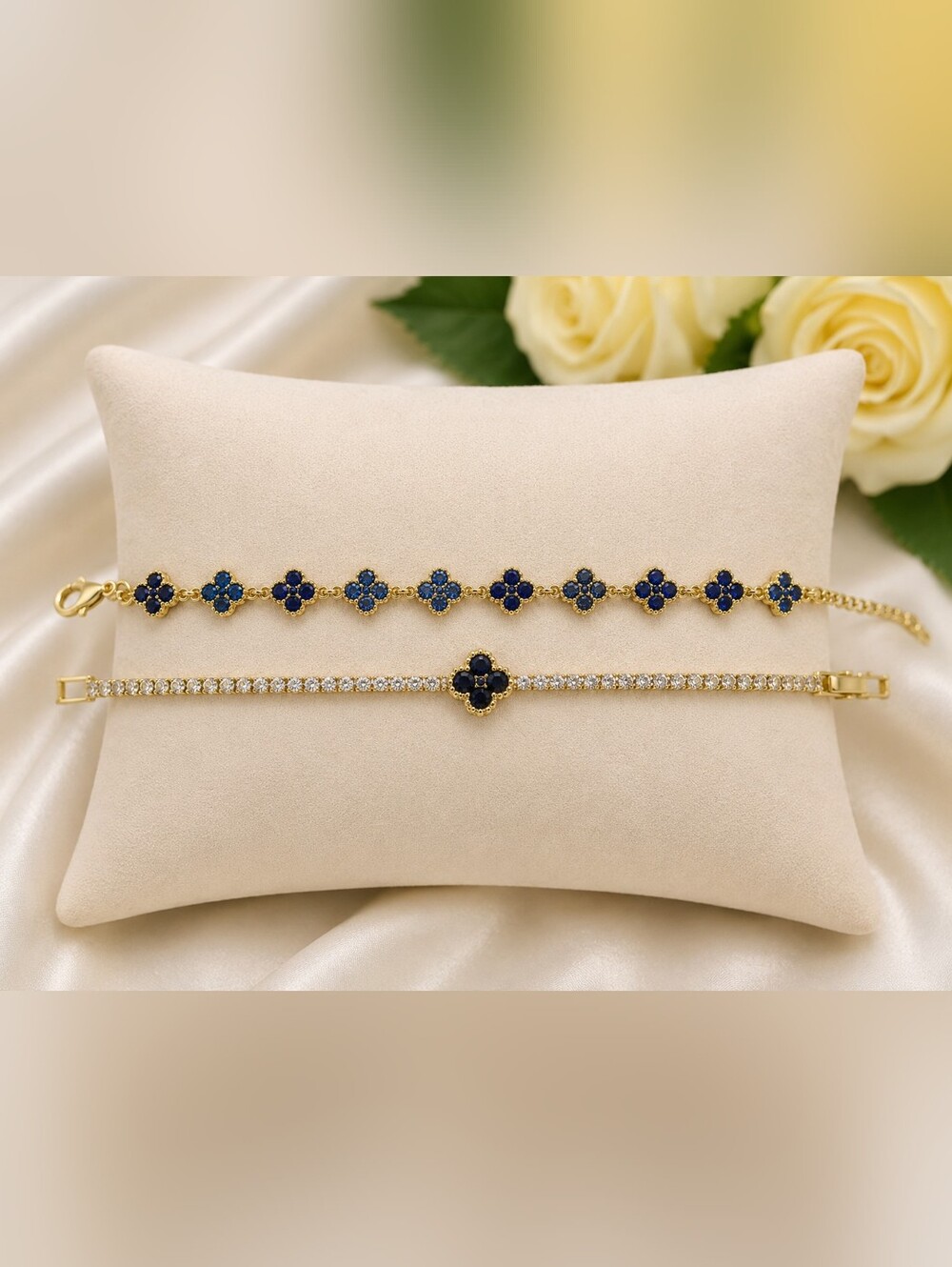 Gold-Tone Clover Bracelet Set | CZ Tennis & Clover Bracelets